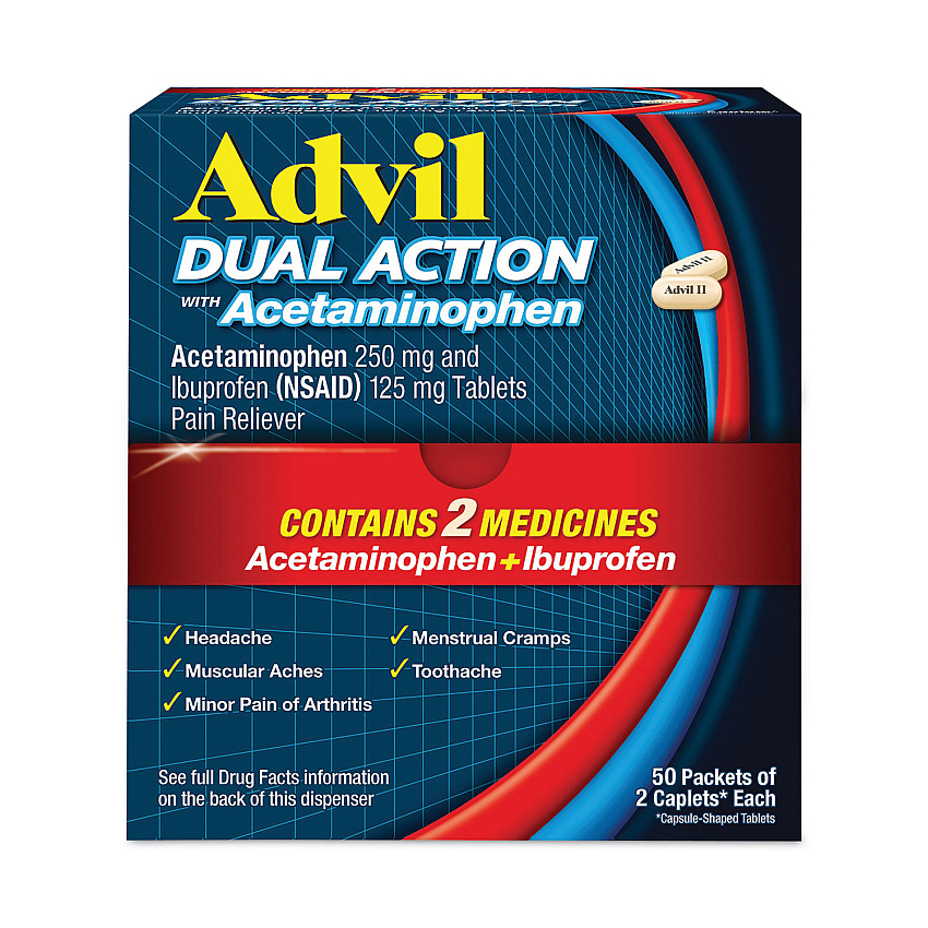 Advil Dual Action with Acetaminophen and Ibuprofen Caplets, 50 Packets of 2 Caplets (AVL014795)