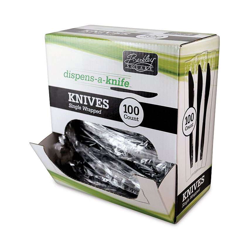 Berkley Square Dispens-a-Knife, Individually Wrapped, Mediumweight, Plastic, Black, 100/Box (BSQBEP90200)