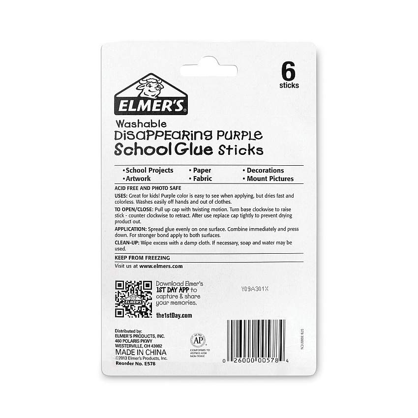 Elmer's School Glue Stick, 0.77 oz, Applies Purple, Dries Clear, 6/Pack (EPIE578)