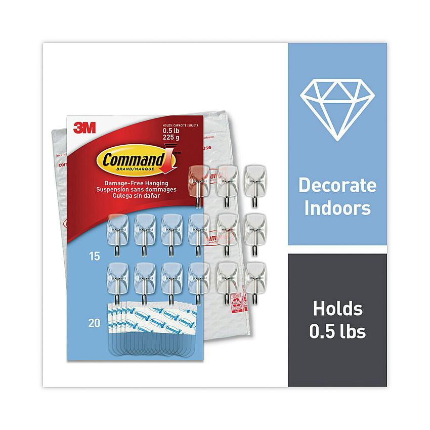 Command Small Wire Hooks, Small, Plastic/Metal, Clear, 0.5 lb Capacity, Clear, 15 Hooks and 20 Strips/Pack (MMM17067CLR15NA)