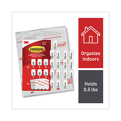 Command Small Wire Hooks, Small, Plastic/Metal, White, 0.5 lb Capacity, 22 Hooks and 24 Strips/Pack (MMM1706722NA)