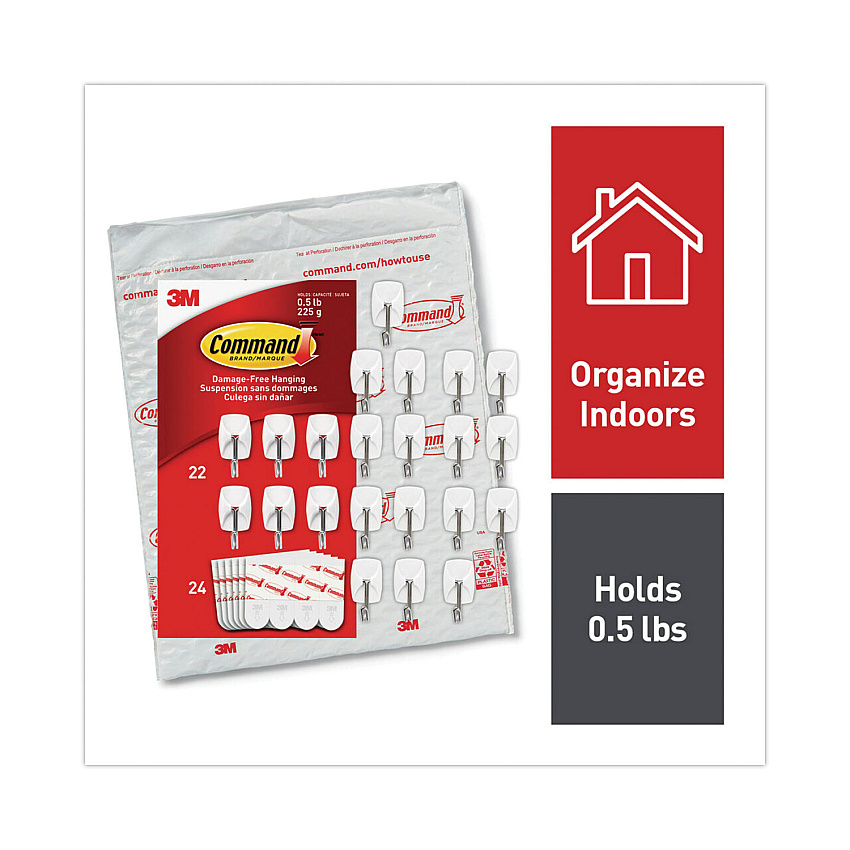 Command Small Wire Hooks, Small, Plastic/Metal, White, 0.5 lb Capacity, 22 Hooks and 24 Strips/Pack (MMM1706722NA)