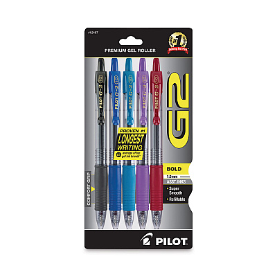 Pilot G2 Premium Gel Pen, Retractable, Bold 1 mm, Assorted Ink and Barrel Colors, 5/Pack (PIL12487)