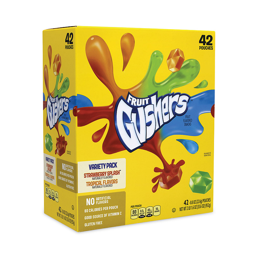 Betty Crocker Fruit Gushers Fruit Snacks, Strawberry and Tropical Fruit Flavors, 0.8 oz, 42 Pouches/Carton (GRR22001036)