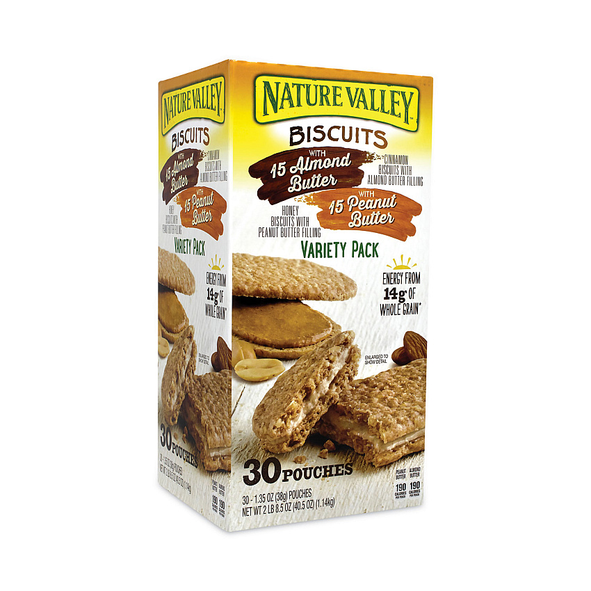 Nature Valley Biscuits, Cinnamon with Almond Butter/Honey with Peanut Butter, 1.35 oz Pouch, 30/Carton (GRR22001046)