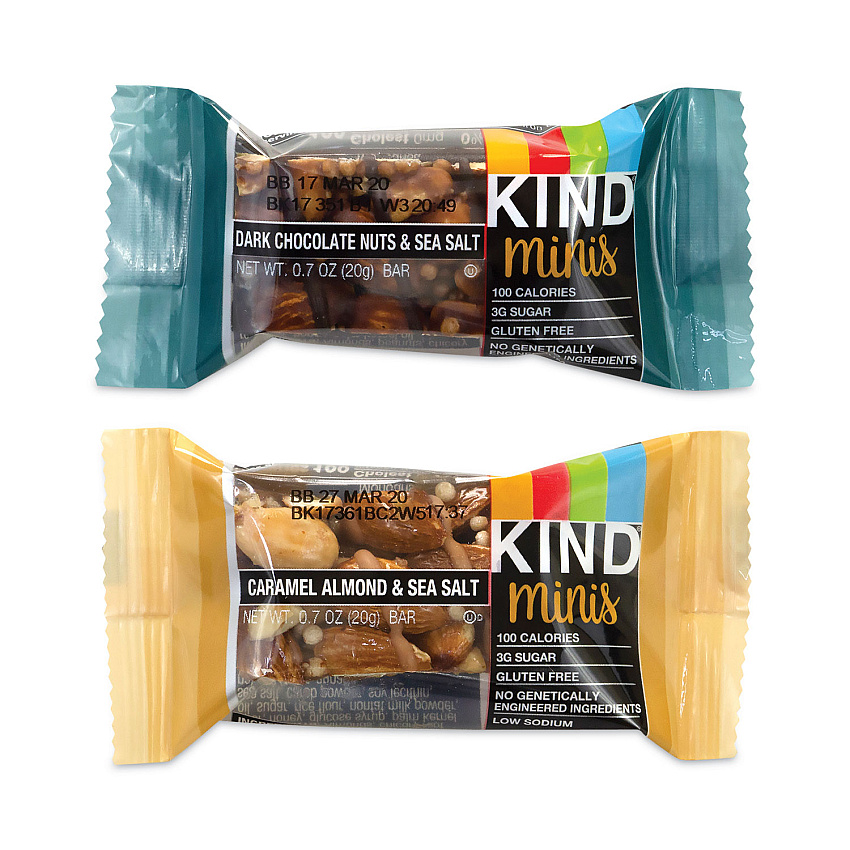 KIND Minis, Dark Chocolate Nuts Sea Salt/Caramel Almond Nuts Sea Salt, 0.7 oz Bar, 32 Bars/Carton (GRR22000799)