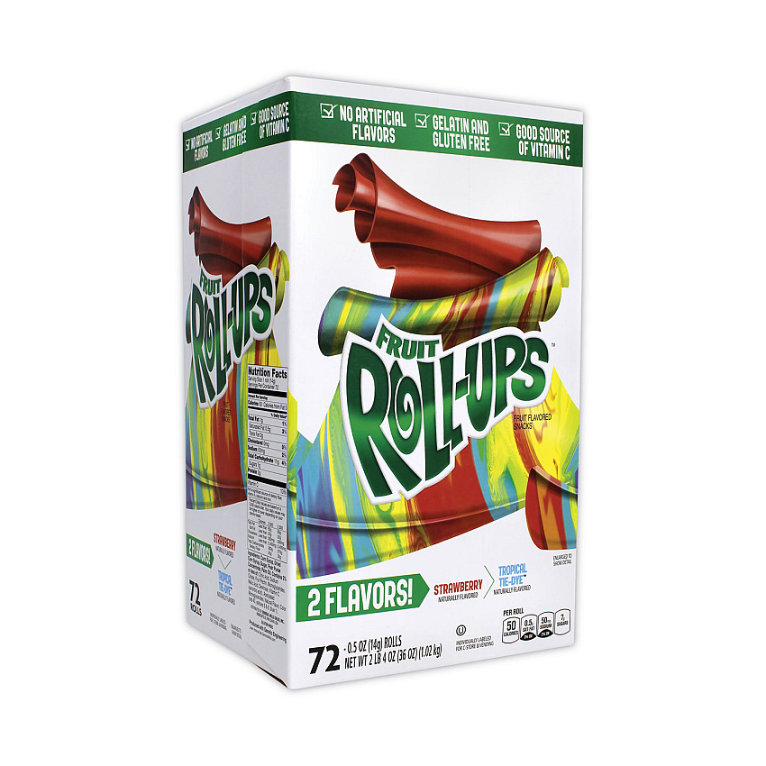 Betty Crocker Fruit Roll-Ups Fruit Snacks, Strawberry and Tropical Tie-Dye Flavors, 0.5 oz, 72 Pouches/Carton (GRR22001037)