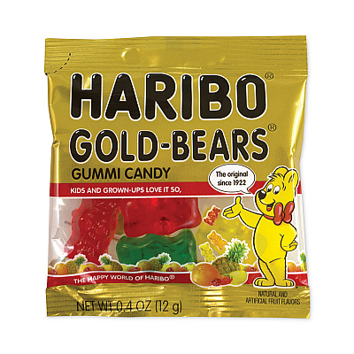 Haribo Goldbears Gummi Candy, 0.4 oz Pouches, Lemon; Orange; Pineapple; Rasberry; Strawberry, 54/Carton (GRR20900181)