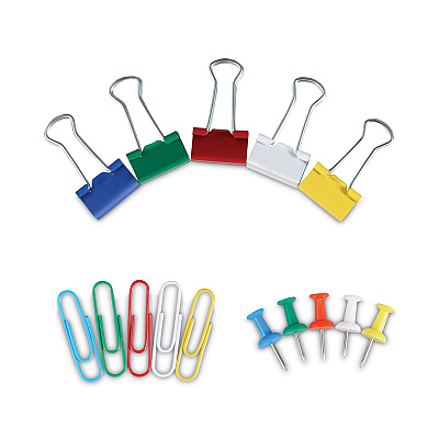 Universal Combo Clip Pack with 3-Tier Organizer Tub, (380) Small Paper Clips, (280) Push Pins, (46) Small Binder Clips, Assorted Colors (UNV31203)
