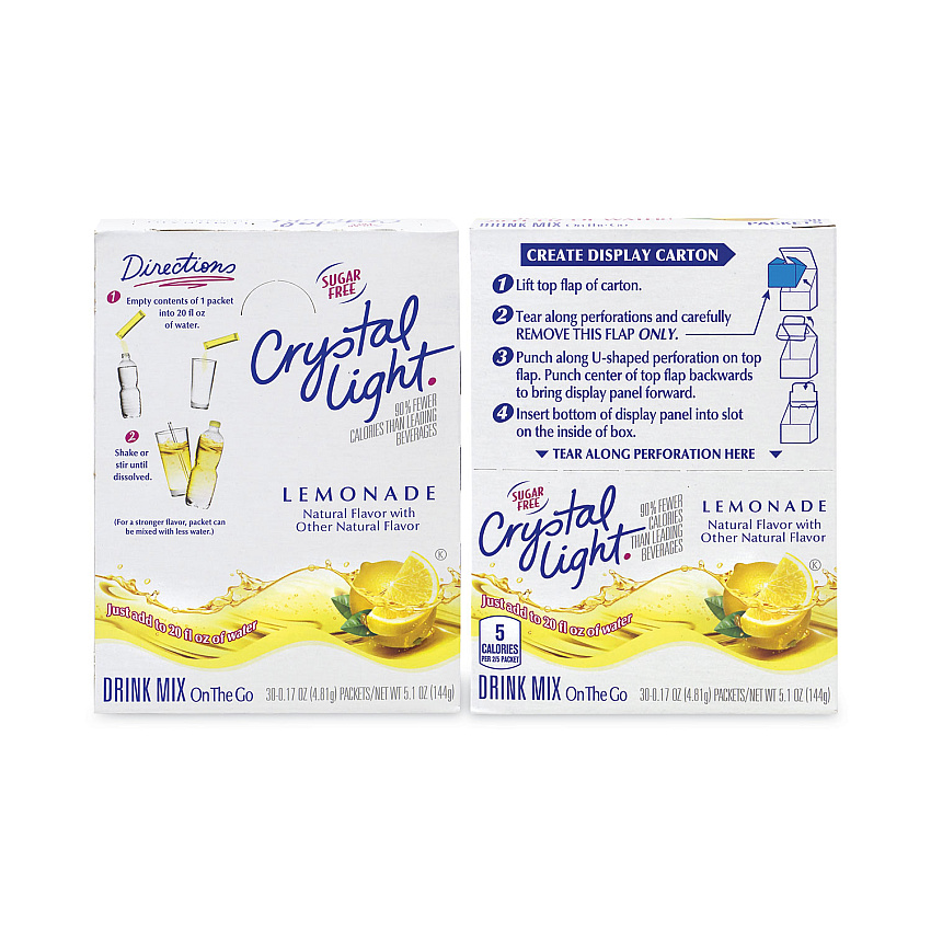 Crystal Light On-The-Go Sugar-Free Drink Mix, Lemonade, 0.17 oz Single-Serving Tubes, 30/Pack, 2 Packs/Carton (GRR30700153)