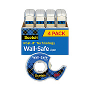 Scotch Wall-Safe Tape with Dispenser, 1" Core, 0.75" x 54.17 ft, Clear, 4/Pack (MMM4183)