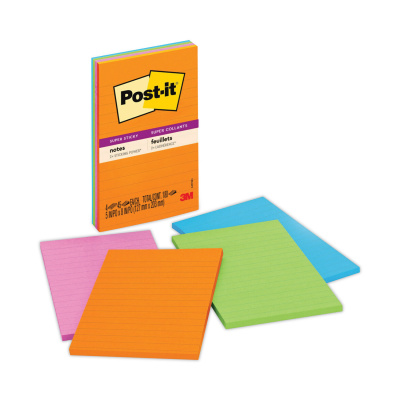 Post-it Notes Super Sticky Pads in Energy Boost Collection Colors, Note Ruled, 5" x 8", 45 Sheets/Pad, 4 Pads/Pack (5845SSUC)