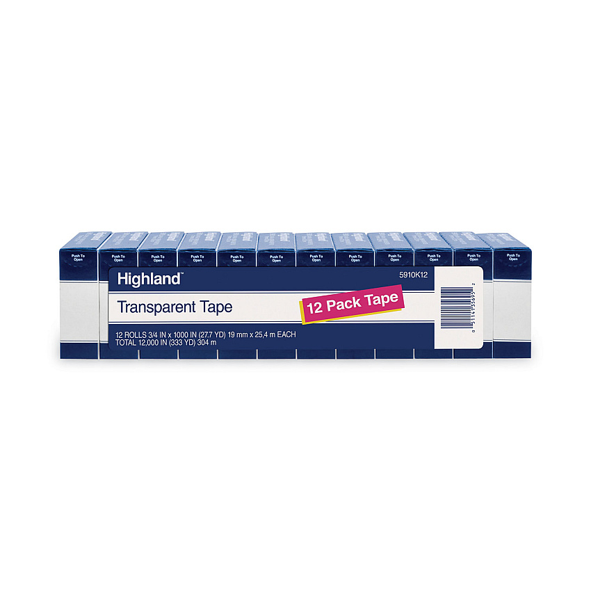 Highland Transparent Tape, 1" Core, 0.75" x 83.33 ft, Clear, 12/Pack (MMM5910K12)