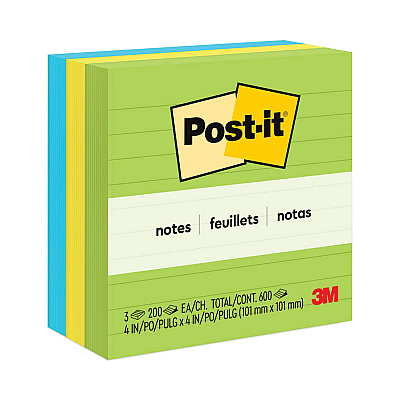 Post-it Notes Original Pads in Floral Fantasy Collection Colors, Note Ruled, 4" x 4", 200 Sheets/Pad, 3 Pads/Pack (MMM6753AUL)