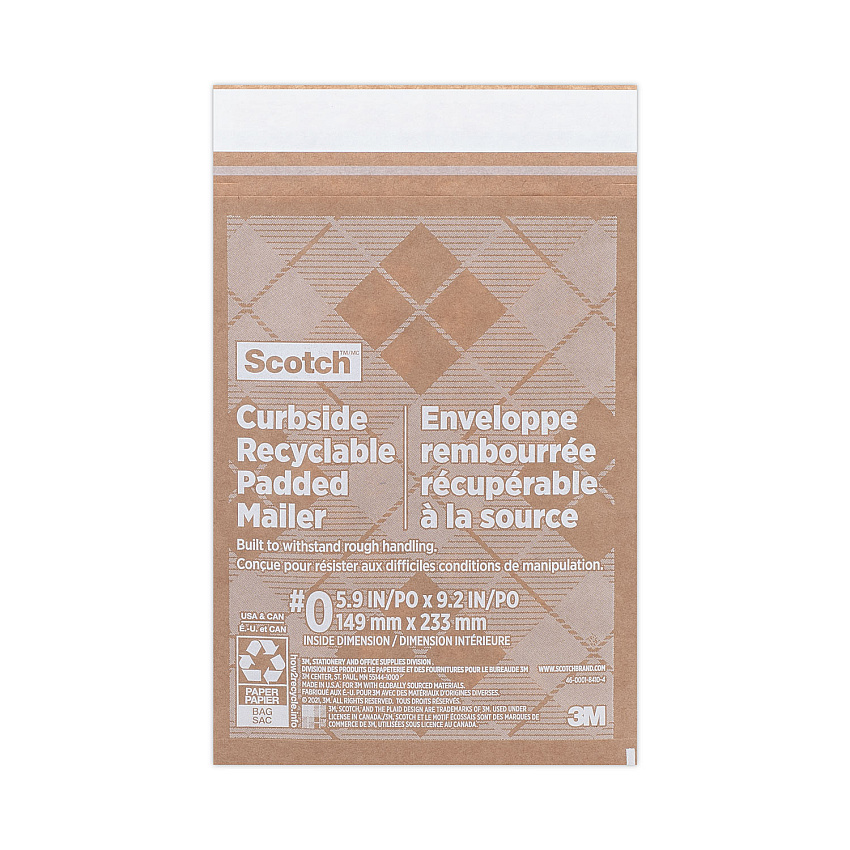 Scotch Curbside Recyclable Padded Mailer, #0, Bubble Cushion, Self-Adhesive Closure, 7 x 11.25, Natural Kraft, 100/Carton (MMMCR01)