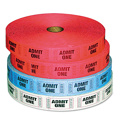 Iconex Admit-One Ticket Multi-Pack, 2 Red, 1 Blue, 1 White, 2,000/Roll, 4 Rolls/Pack (ICX94190081)