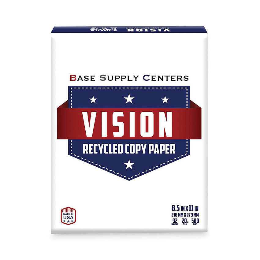 VISION Recycled Copy Paper, 92 Bright, 20 lb Bond Weight, 8.5 x 11, White, 500 Sheets/Ream, 10 Reams/Carton, 40 Cartons/Pallet (2623DS)