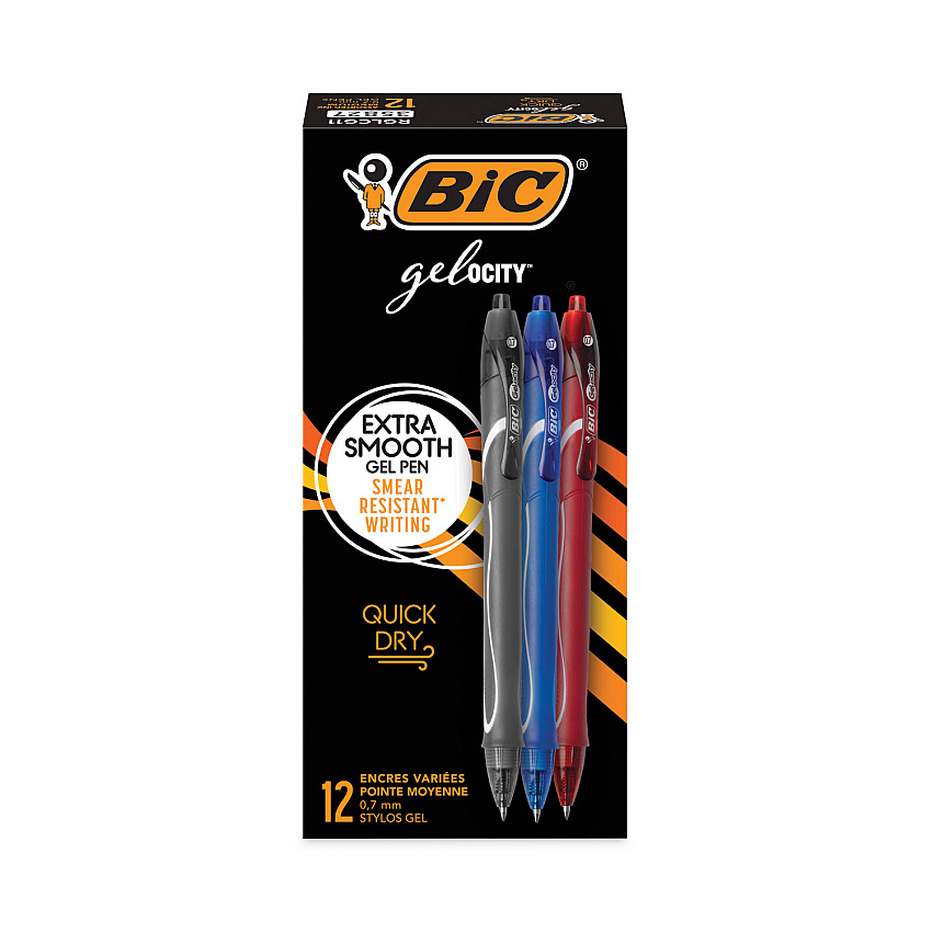 BIC Gel-ocity Quick Dry Gel Pen, Retractable, Fine 0.7 mm, Three Assorted Ink and Barrel Colors, Dozen (BICRGLCG11AST)