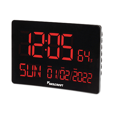 AbilityOne 6645016988078 SKILCRAFT LED Self-set Digital Clock, 9.7" x 6.3", Black Case, AC Powered, 1 CR2032 (included)