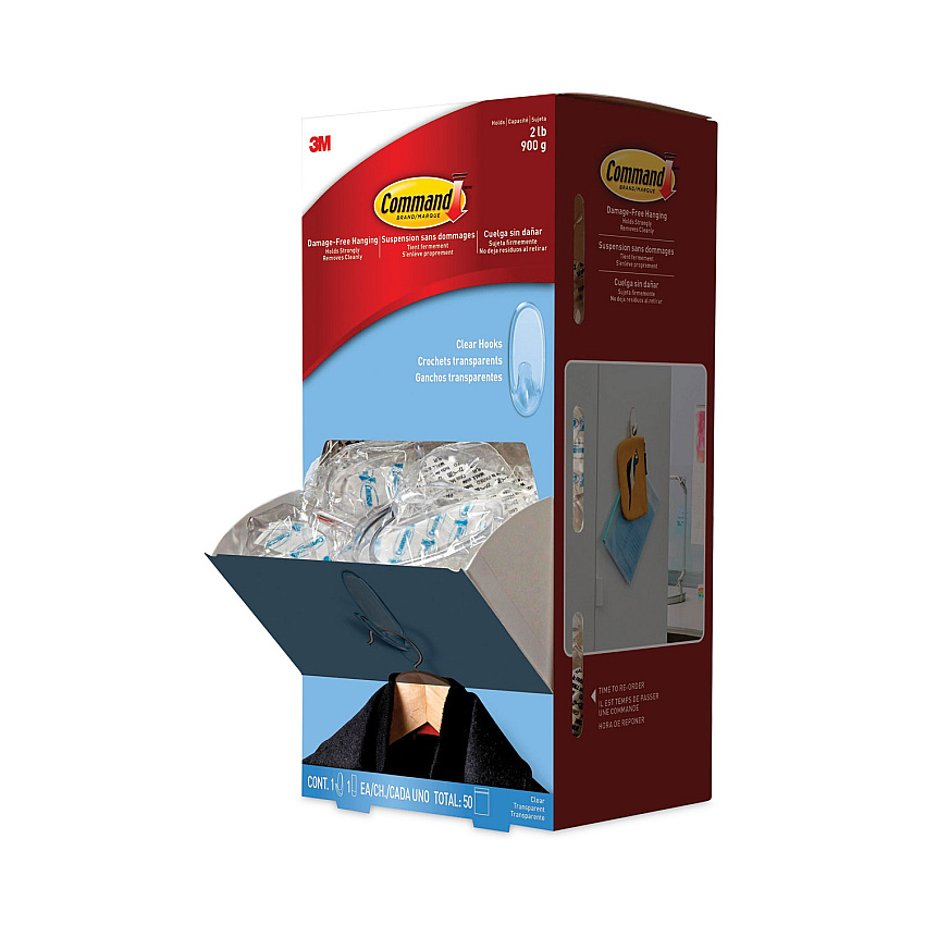 Command Clear Hooks and Strips, Medium, Plastic, 2 lb Capacity, 50 Hooks with 50 Adhesive Strips/Carton (MMM17091CLRCABP)
