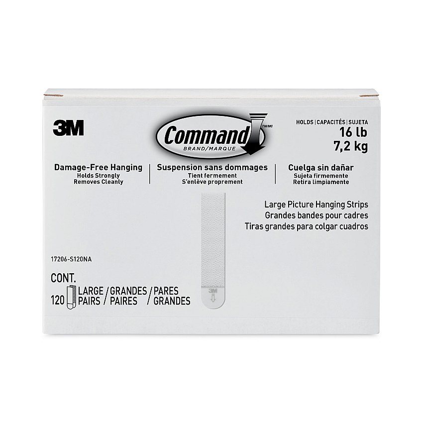Command Picture Hanging Strips, Value Pack, Large, Removable, Holds Up to 16 lbs, 0.75 x 3.65, White, 120 Pairs/Pack (MMM17206S120NA)