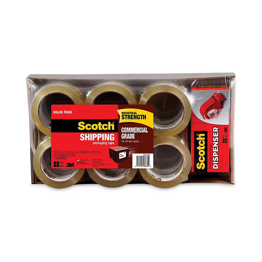 Scotch 3750 Commercial Grade Packaging Tape with DP300 Dispenser, 3" Core, 1.88" x 54.6 yds, Clear, 12/Pack (MMM375012DP3)