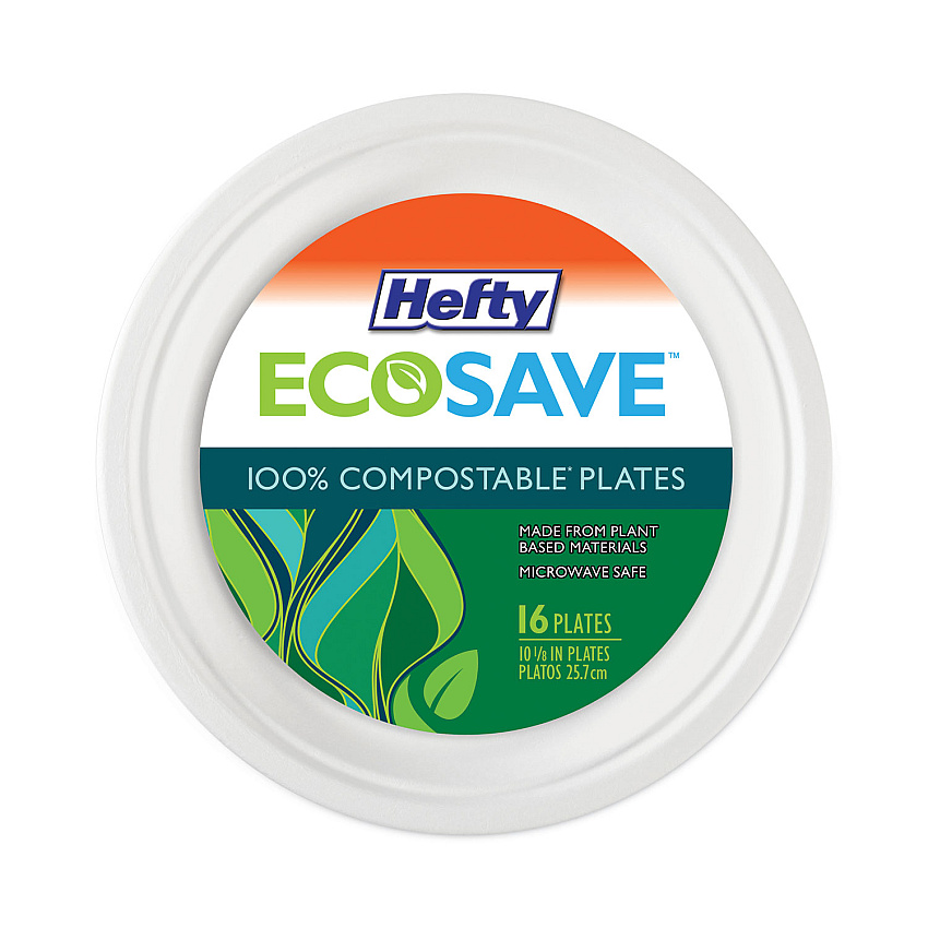 Hefty ECOSAVE Tableware, Plate, Bagasse, 10.13" dia, White, 16/Pack (RFPD71016PK)