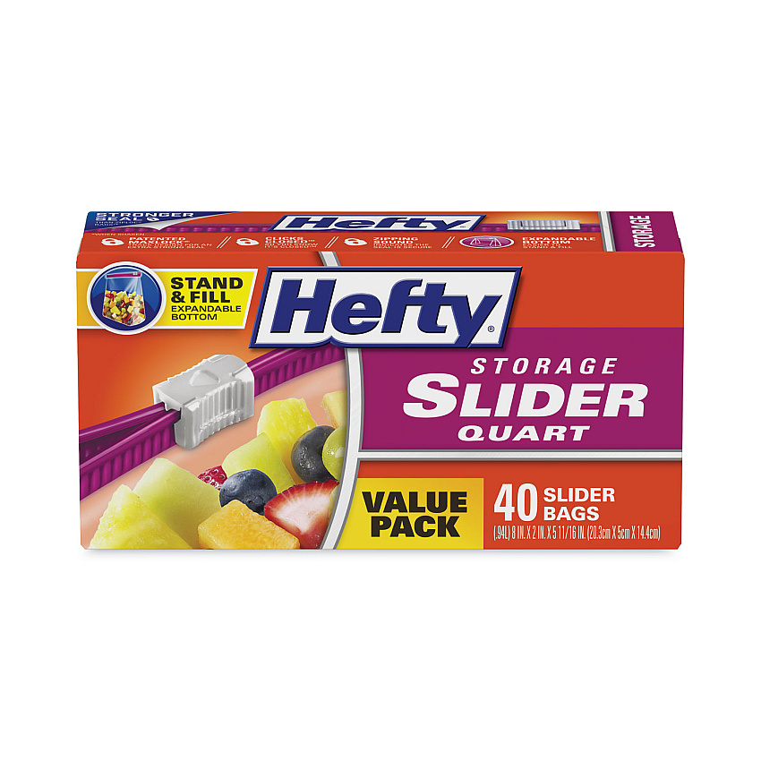 Hefty Slider Stand and Fill Food Storage Bags, Quart, 8" x 7", Clear, 40/Box (RFPR88075)