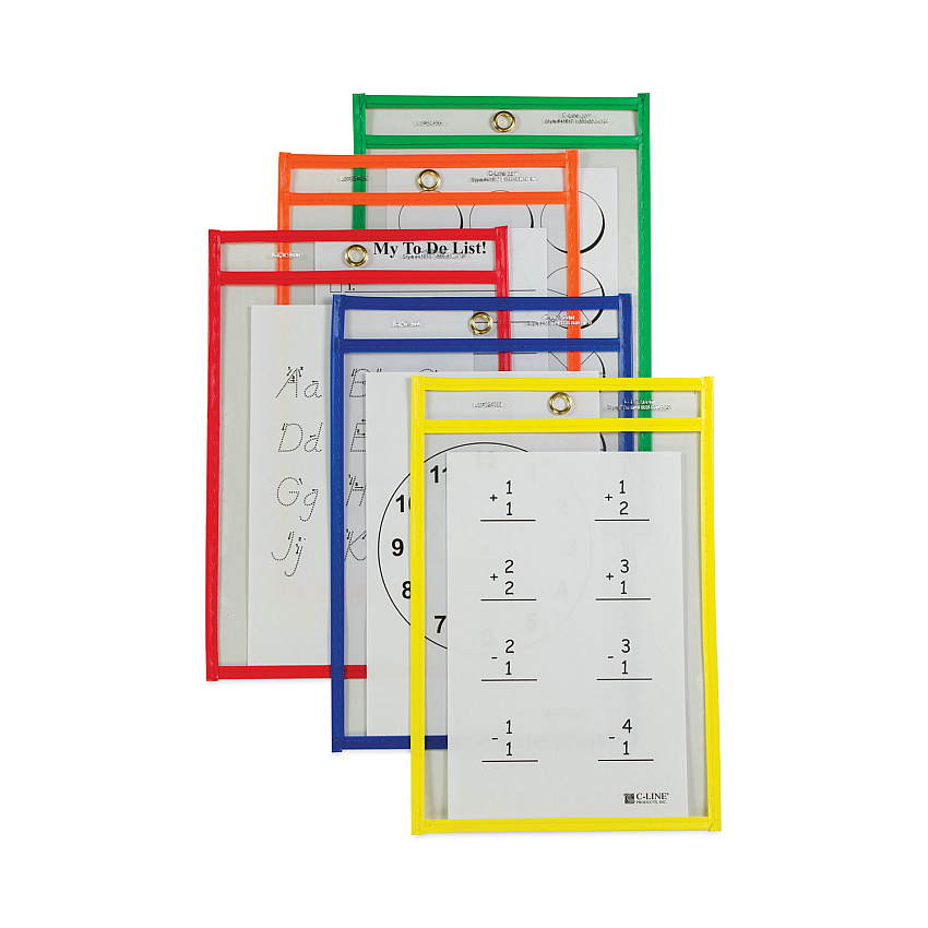 C-Line Reusable Dry Erase Pockets, 6 x 9, Assorted Primary Colors, 10/Pack (CLI41610)