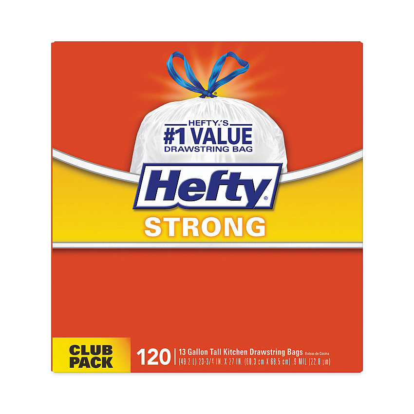 Hefty Strong Tall Kitchen Drawstring Bags, 13 gal, 24" x 27.75", White, 120/Box (PCTE84562)