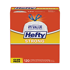 Hefty Strong Tall Kitchen Drawstring Bags, 13 gal, 23.75" x 27", White, 120 Bags/Box, 3 Boxes/Carton (PCTE84562CT)