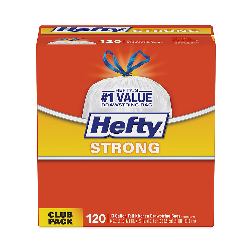 Hefty Strong Tall Kitchen Drawstring Bags, 13 gal, 23.75" x 27", White, 120 Bags/Box, 3 Boxes/Carton (PCTE84562CT)