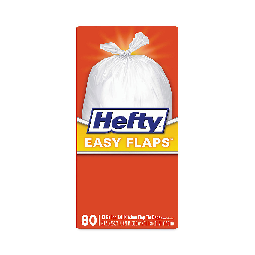 Hefty Easy Flaps Trash Bags, Tie-Flap, 13 gal, 23.75" x 28", White, 80/Box (PCTE84563)