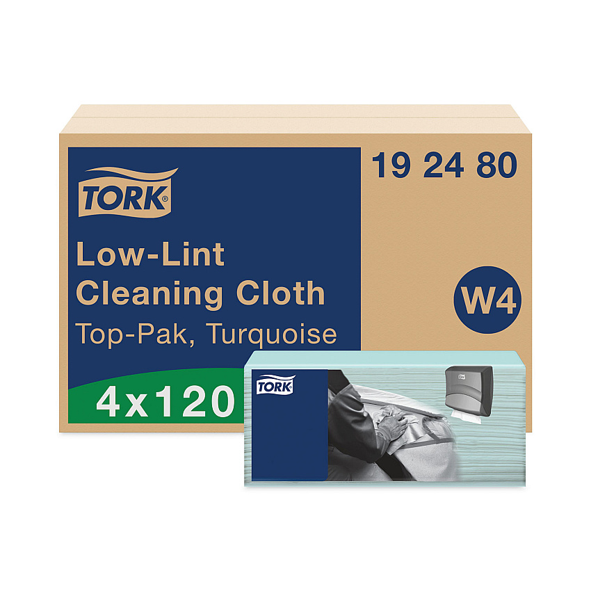 Tork Low-Lint Cleaning Cloth, 1-Ply, 14 x 16.34, Unscented, Turquoise, 120/Pack, 4 Packs/Carton (192480)