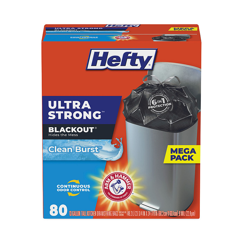 Hefty Ultra Strong BlackOut Tall-Kitchen Drawstring Bags, 13 gal, 23.75" x 24.88", Black, 80 Bags/Box, 3 Boxes/Carton (PCTE88352CT)