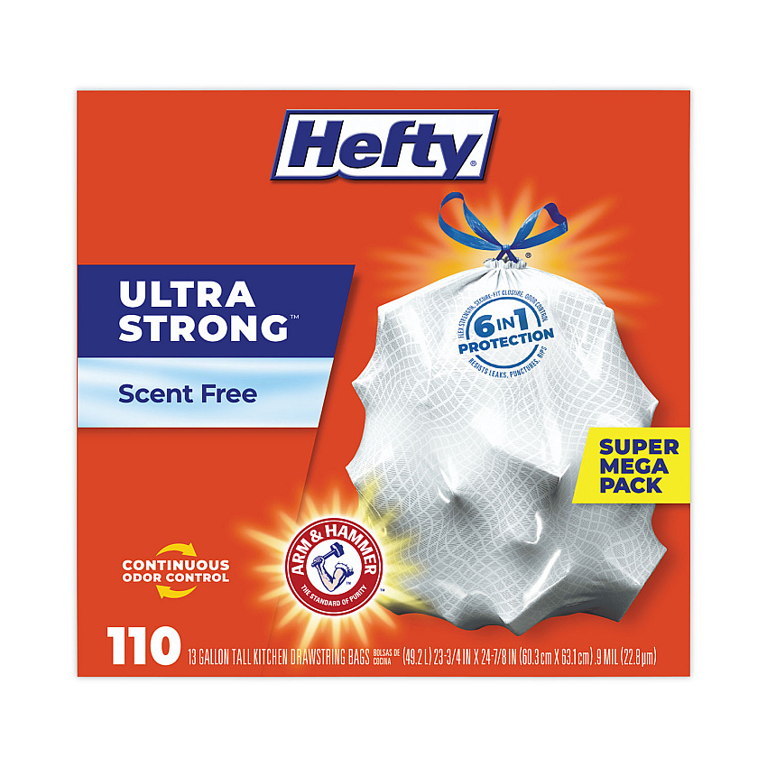 Hefty Ultra Strong Tall Kitchen Trash Bags, Drawstring, 13 gal, 23.75" x 24.88", White, 110 Bags/Box, 3 Boxes/Carton (PCTE88368CT)