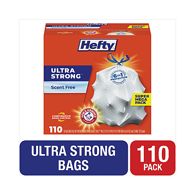Hefty Ultra Strong Tall Kitchen Trash Bags, Drawstring, 13 gal, 23.75" x 24.88", White, 110/Box (PCTE88368)