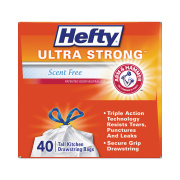 Hefty Ultra Strong Tall Kitchen and Trash Bags, 13 gal, 0.9 mil, 23.75" x 24.88", White, 40 Bags/Box, 6 Boxes/Carton (E88338CT)