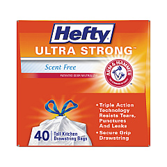 Hefty Extra Heavy-Duty Ultra Strong Tall Kitchen Trash Bags, Drawstring, 13 gal, 23.75" x 24.88", White, 40 Bags/Box, 6 Boxes/CT (RFPE88338CT)