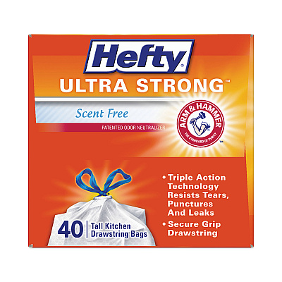 Hefty Extra Heavy-Duty Ultra Strong Tall Kitchen Trash Bags, Drawstring, 13 gal, 23.75" x 24.88", White, 40 Bags/Box, 6 Boxes/CT (RFPE88338CT)
