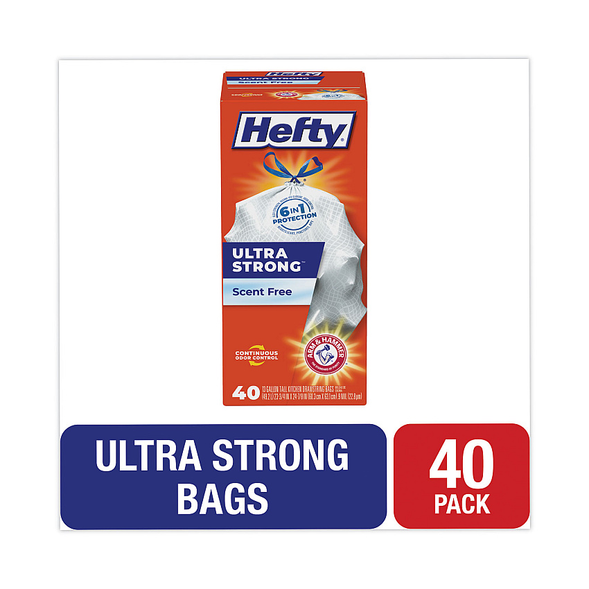 Hefty Extra Heavy-Duty Ultra Strong Tall Kitchen Trash Bags, Drawstring, 13 gal, 23.75" x 24.88", White, 40/Box (RFPE88338)