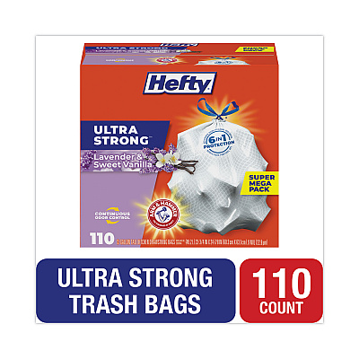 Hefty Extra Heavy-Duty Ultra Strong Scented Tall Kitchen Bags, Drawstring, 13 gal, Lavender/Vanilla, 23.75 x 24.88, White, 110/Box (PCTE88366)