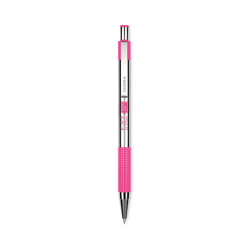 Zebra F-301 Ballpoint Pen, Retractable, Fine 0.7 mm, Black Ink, Stainless Steel/Pink Barrel (ZEB37111)