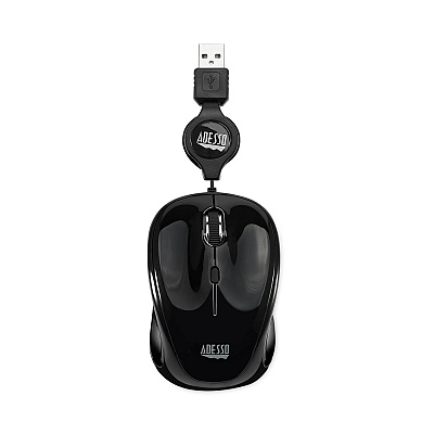 Adesso Illuminated Retractable Mouse, USB 2.0, Left/Right Hand Use, Black (IMOUSES8B)