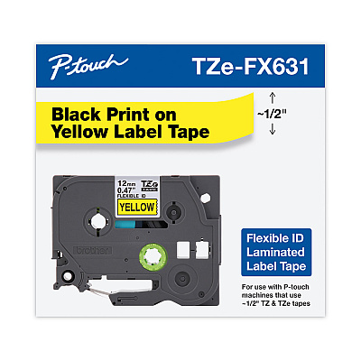 Brother TZe Flexible Tape Cartridge for P-Touch Labelers, 0.47" x 26.2 ft, Black on Yellow (BRTTZEFX631CS)