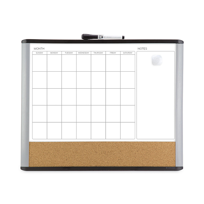 U Brands 3N1 Magnetic Mod Dry Erase Board, Monthly Calendar, 20 x 16, White Surface, Gray/Black Plastic Frame (UBR388U0001)