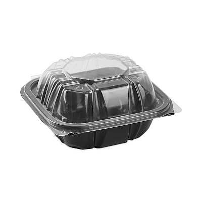 Pactiv Evergreen EarthChoice Vented Dual Color Microwavable Hinged Lid Container, 1-Compartment, 16oz, 6 x 6 x 3, Black/Clear, Plastic, 321/CT (PCTDC6610B000)