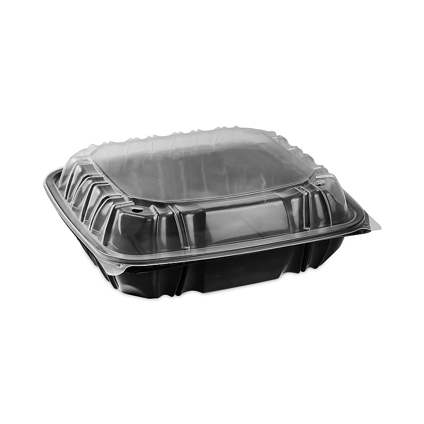 Pactiv Evergreen EarthChoice Vented Dual Color Microwavable Hinged Lid Container, 1-Compartment 66oz, 10.5x9.5x3, Black/Clear, Plastic, 132/CT (PCTDC109100B000)