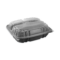 Pactiv Evergreen EarthChoice Vented Dual Color Microwavable Hinged Lid Container, 3-Comp Base/Lid, 34 oz, 10.5x9.5x3, Blk/Clr, Plastic, 132/CT (PCTDC109330B000)