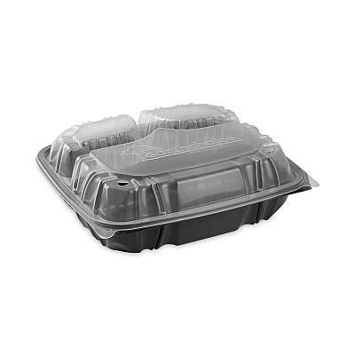 Pactiv Evergreen EarthChoice Vented Dual Color Microwavable Hinged Lid Container, 3-Comp Base/Lid, 34 oz, 10.5x9.5x3, Blk/Clr, Plastic, 132/CT (PCTDC109330B000)